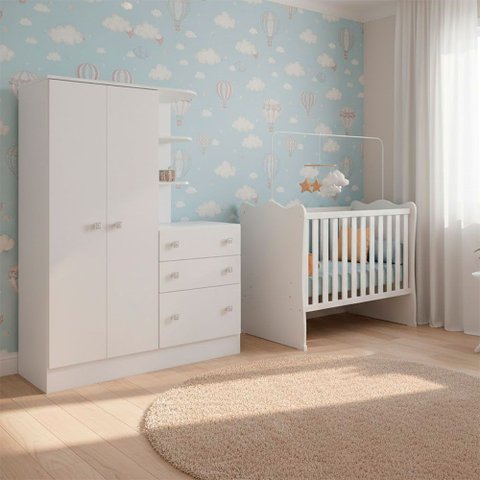 Quarto de Bebe Infantil Doce Sonho Berço e Guarda Roupas com Cômoda Qmovi