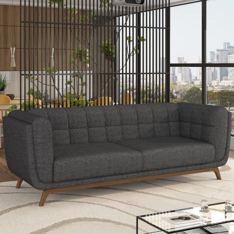 Sofá 03 Lugares para Sala de Estar Pés em Madeira 240cm Florian M03 Linho Chumbo - Lyam Decor