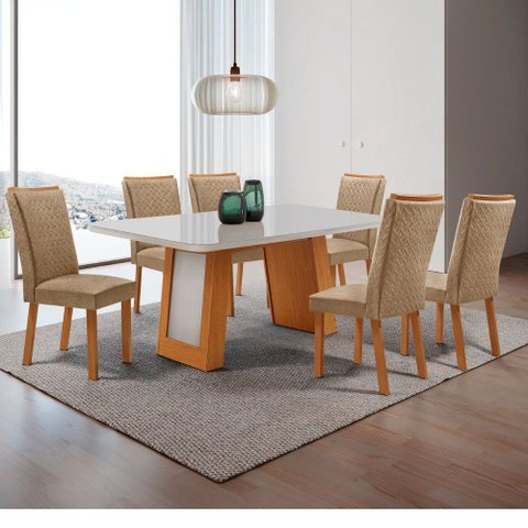 Mesa de Jantar Carolina 180cm Tampo MDF Vidro Canto Copo com 6 Cadeiras Lisa
