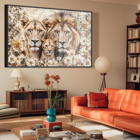 Quadro Decorativo Florido Família Leão e Leoa com Filhote Sala Quarto Casa Escritório