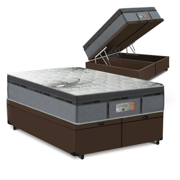 Cama Box Baú Queen Marrom + Colchão de Molas Ensacadas - Comfort Prime - New Aspen - 158x198x72cm - 1