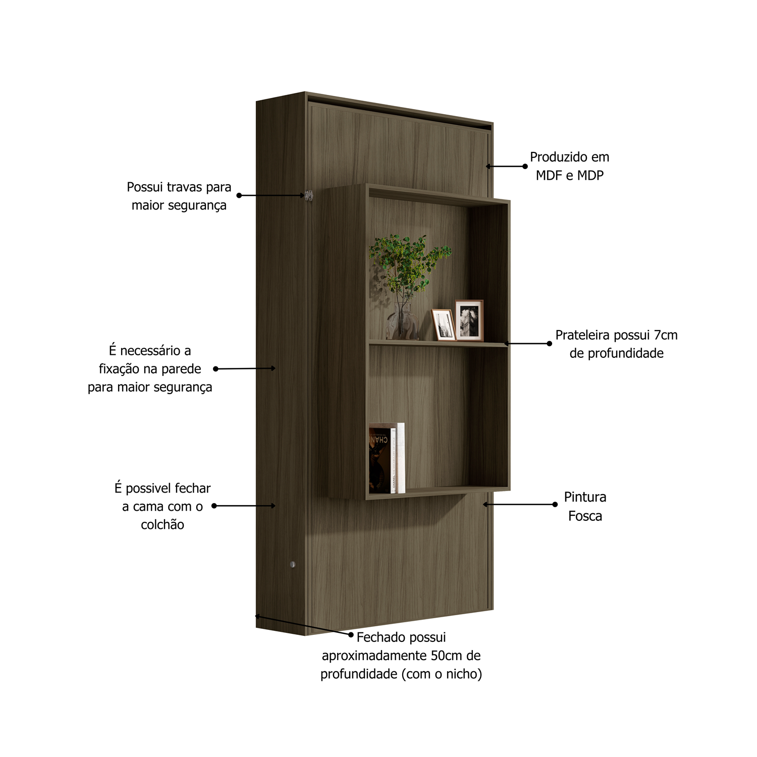 Cama Solteiro Articulada de Parede Multifuncional Prateleira e Cama:castanho - 5