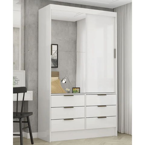 Guarda Roupa Solteiro com Espelho 2 Portas de Correr 6 Gavetas 108cm Plus Sevilha Branco - Carioca Móveis