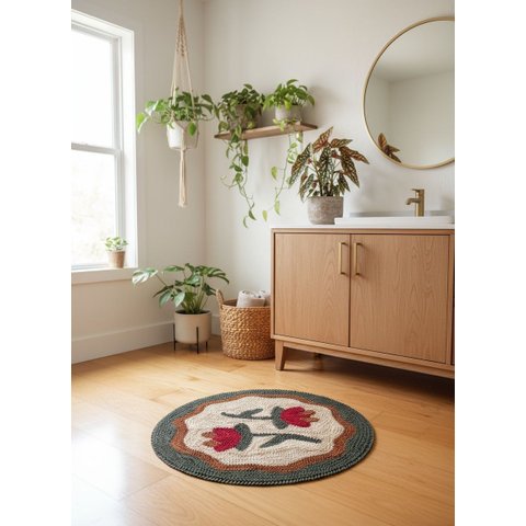 Tapete Redondo Floral Tulipa Detalhe Verde Frufru 80x80 Cm Lavável na Máquina Casa Dalva