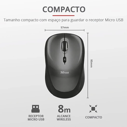 Mouse Sem Fio Usb Wireless Mini Compacto Trust Yvi Wireless Preto 18519i - 7