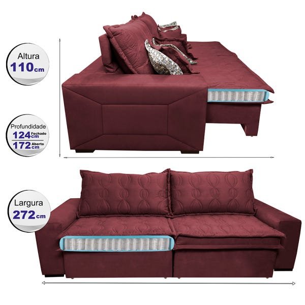 Sofá Retrátil e Reclinável 2.72M com Molas Ensacadas Cama Inbox Supreme Tecido Suede Vinho - 2