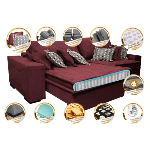 Sofá Retrátil e Reclinável 2.72M com Molas Ensacadas Cama Inbox Supreme Tecido Suede Vinho - 3