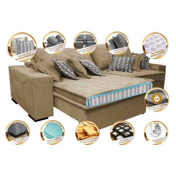 Sofá Retrátil e Reclinável 3.12M com Molas Ensacadas Cama Inbox Supreme Tecido Suede Bege - 3