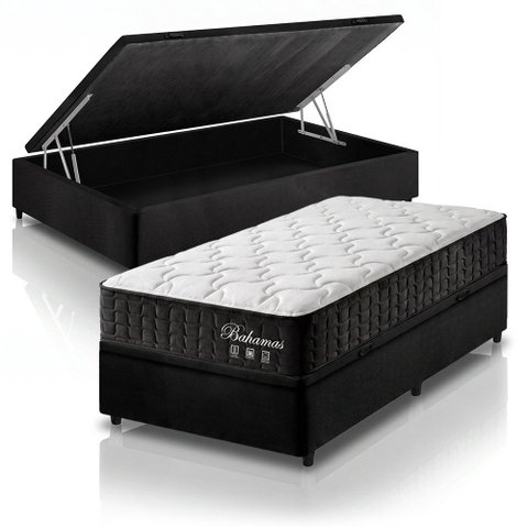 Cama Box Baú Solteiro Preto + Colchão Molas Ensacadas Zidi Bahamas 88x188x66cm