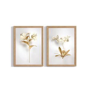 Kit 2 Quadros Decorativos para Sala Folhagem Dourada com Moldura Grande
