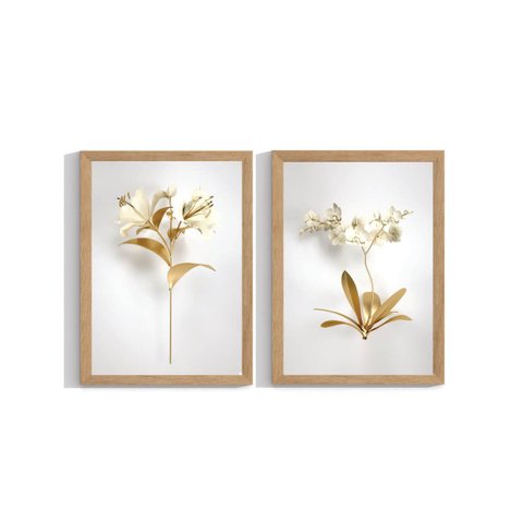 Kit 2 Quadros Decorativos para Sala Folhagem Dourada com Moldura Grande