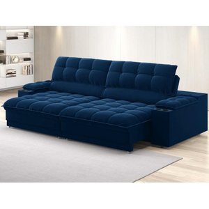 Sofá com Porta Copos e Carregador Usb Ret Rec Luke 2,50m Veludocristal Azul Marinho - Netsofas
