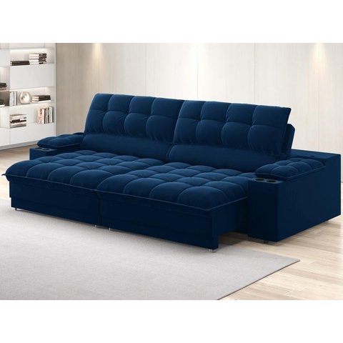 Sofá com Porta Copos e Carregador Usb Ret Rec Luke 2,50m Veludocristal Azul Marinho - Netsofas