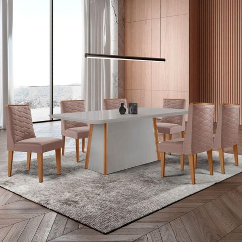 Mesa de Jantar Diane 180cm Tampo Mdf Vidro 6 Cadeiras Safira Moderna Linho Capuccino Off White