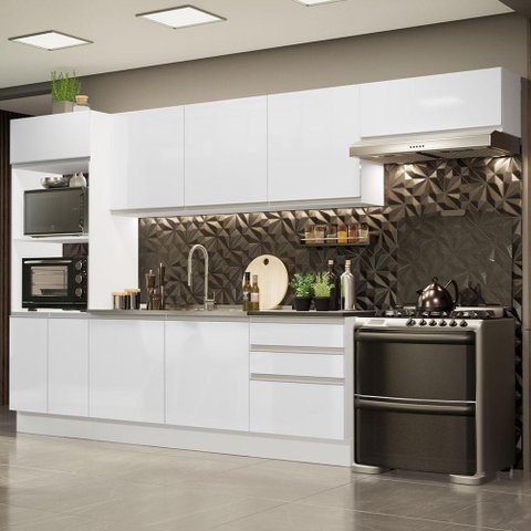 Armário de Cozinha Completa 100% MDF 330cm Frentes Branco Brilho Acordes Madesa 06
