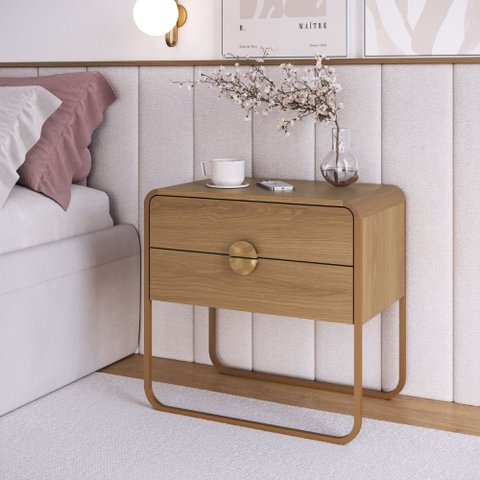 Mesa de Cabeceira 60cm Luna Orgânica 2 Gavetas Pé Metal - Artesano