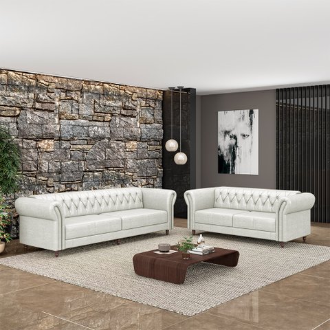 Conjunto de Sofá Sala de Estar Stanford Chesterfield 2 e 3 Lugares 200cm/260cm Pés Madeira Couro Bra