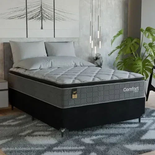 Cama Box Casal + Colchão Comfort Class Pillow Top 138x188 Cinza/suede Preto