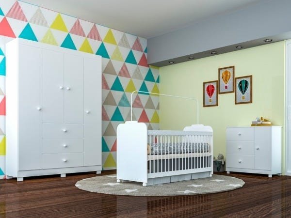 Quarto Infantil Duda com Guarda-Roupa, Cômoda e Berço Ternura Cor Branco Brilho - Phoenix - 1