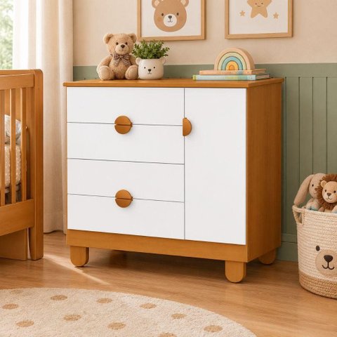 Cômoda Infantil Apolo 4 Gavetas 1 Porta Sapateira para Quarto Bebê Reller Branco Fosco/Savana