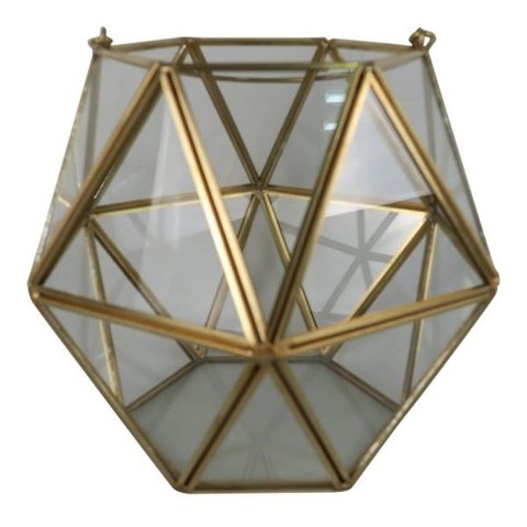 Vaso Geométrico de Vidro e Metal Dourado 16cmx18cmx18cm