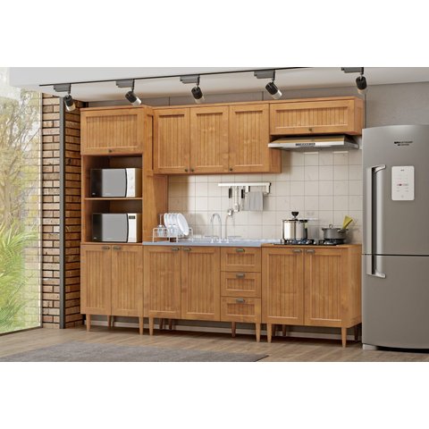 Cozinha Modulada em Madeira 11 Portas e 3 Gavetas com Torre Quente 2 Fornos Versalles Mel