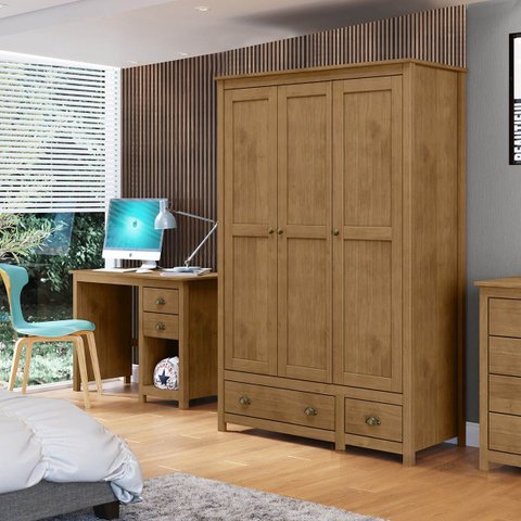 Conjunto Quarto: Guarda-roupa 3 Portas, Escrivaninha 2 Gavetas Freijó Topázio Madeira Pinus - Finest