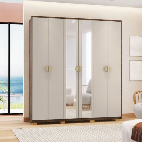 Guarda Roupa Casal Marlin 6 Portas de Bater 2 com Espelhos 4 Gavetas com Nichos Mdf Nogueira/fendi G