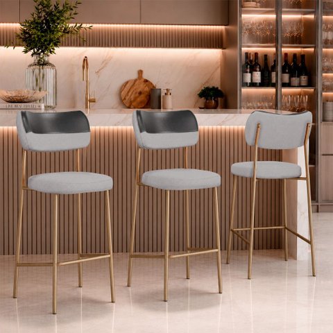 Kit 3 Banquetas Baixa Sala de Jantar Lisa Pés Champanhe Linho/PU Cinza/Preto m² - Monari Design