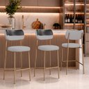 Ver imagem 1 de Kit 3 Banquetas Baixa Sala de Jantar Lisa Pés Champanhe Linho/PU Cinza/Preto m² - Monari Design