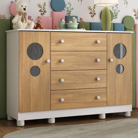Cômoda Infantil 125cm 2 Portas com Vidro e 4 Gavetas Bombom Multimóveis Mp4465 Branco-madeirado