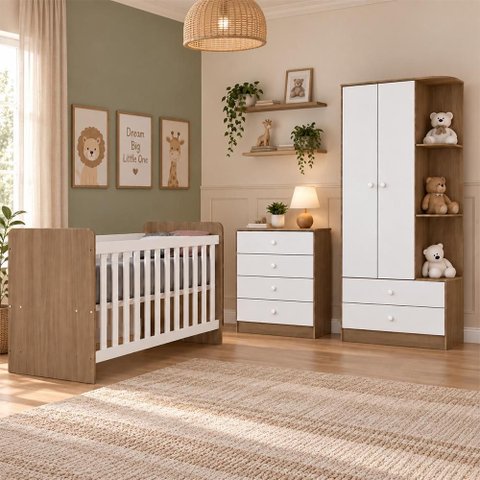 Dormitório Infantil Labirinto com Guarda Roupa, Cômoda, Berço Rústico/Branco e Colchão Supreme