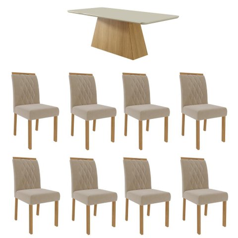Kit Conjunto Sala de Jantar Mesa Tampo Mdf Vidro 210 Cm com 8 Cadeiras Marrom Madeira Off White