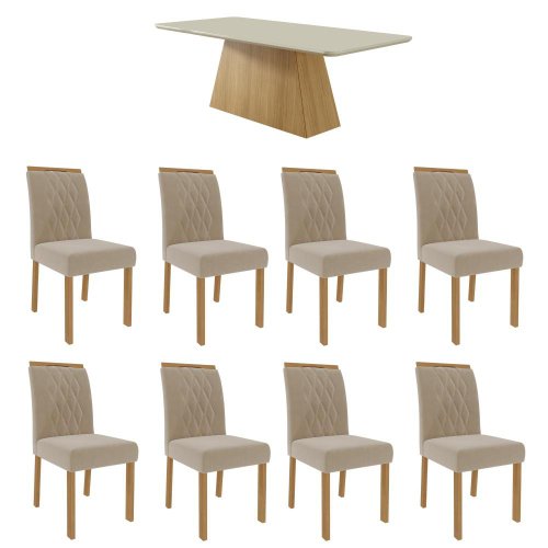Conjunto Sala De Jantar Tampo Mdf/vidro 8 Cadeiras Nola Nature/off  White/marrom