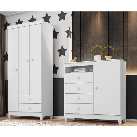 Kit Guarda Roupa Infantil 3 Portas 2 Gavetas e Cômoda Sapateira 1 Porta 4 Gavetas Branco Flex Azul