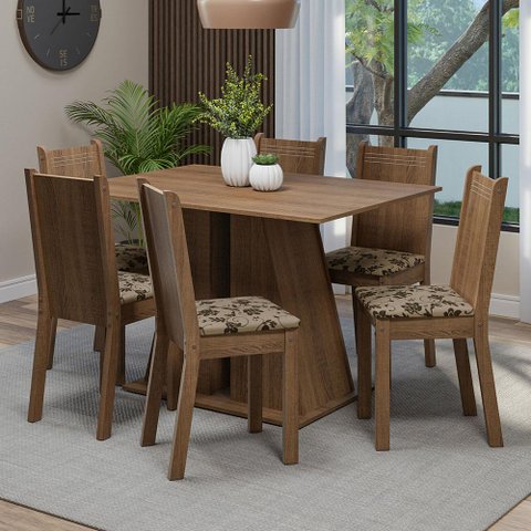 Conjunto Sala de Jantar Mesa Tampo de Madeira 6 Cadeiras Rustic/bege Marrom Sharon Madesa