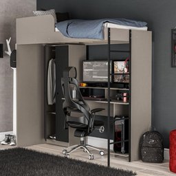 Cama Multifuncional Konza com Armário e Mesa Gamer - Cinza/preto - 1