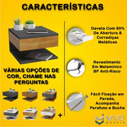 Mesa de Cabeceira Suspensa Com Gaveta e Prateleira Cor Preto e Madeira MVD Móveis - 2
