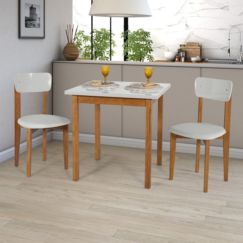Mesa de Jantar Base Madeira Maciça com 2 Cadeiras Elisa Ideal para Apartamenteo 80x80 Off White