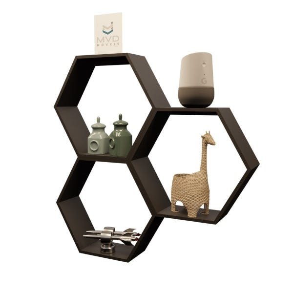Kit 3 Nichos Decorativos Sala Quarto Escritório Colmeia Hexagonal Cor Preto MVD Móveis - 1