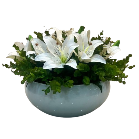 Arranjo Grande Centro de Mesa Lírio Branco Artificial Vaso Branco Decore Fácil Shop