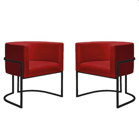 Kit 2 Poltronas Reforçadas Decorativa Sala Nayara Base Ferro Preto Suede Vermelho