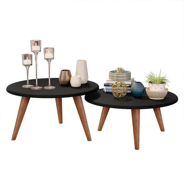 Conjunto de Mesa Centro Isis - Preto/Madeiro Canela - 2
