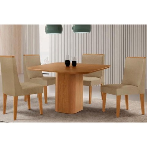Sala Jantar Mesa Maldivas Tampo Curvo 90cm+4 Cadeiras Dakota Madeira Naturale - Capuccino/Linho Bege