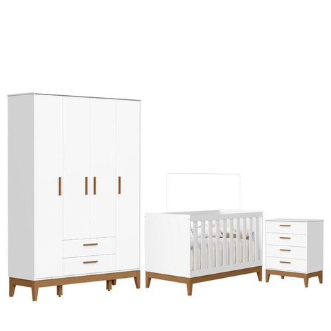 Quarto de Bebê Flip Guarda Roupa 4 Portas e Cômoda Gaveteiro Branco Acetinado - Reller