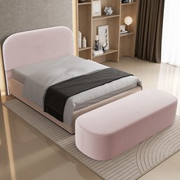 Cabeceira Cama Box Casal 140cm Lanna com Puff Recamier Doha W01 Bouclê Rosê - Lyam Decor - 2