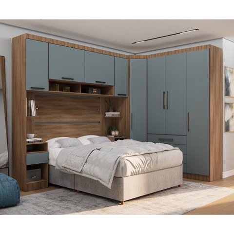 Quarto Modulado Casal Canto Diagonal Guarda-roupas Maleiro e Cabeceira Paris Master Luciane Móveis