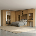 Ver imagem 1 de Guarda Roupa Casal Modulado 5 Peças 12 Portas com Espelho, Cabeceira e Escrivaninha 100% MDF Smart Cinamomo Marrom