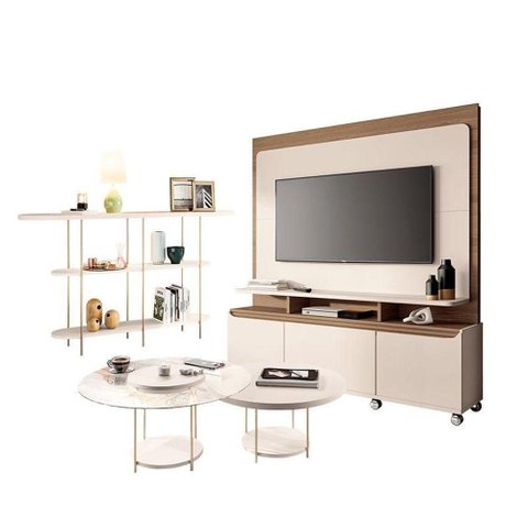 Estante Home Theater Quantum Off White Castanho e Aparador Infinity e Kit Mesa de Centro Sky Off