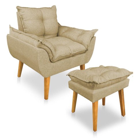 Kit 2 Poltronas Decorativa e Puff Opala Luxo Linho Dourado Dal Poz Estofados